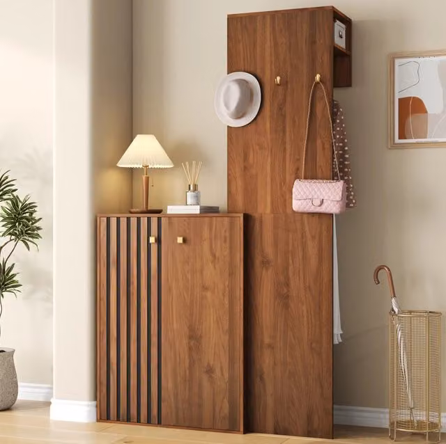 Garderoba compatta in MDF colore noce con armadietto porta scarpe e appendiabiti, 115x38,5x191,5 cm, per ingresso