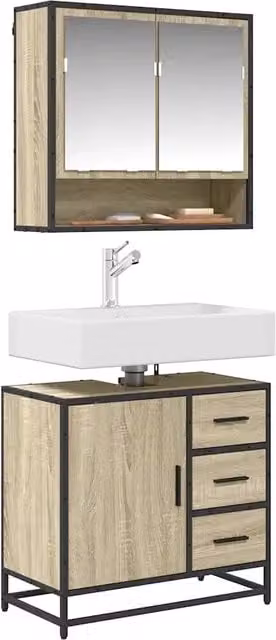 Mobile Lavabo da Bagno Design In in Rovere Oak Marrone con Ante a Battente e Cassetti, Sospeso, L: 65 cm, P: 33 cm, H: 60 cm
