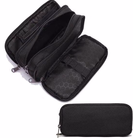 Astuccio capiente, elegante astuccio con 3 scomparti, tasca per penne, organizer per articoli da ufficio per donne e uomini, nero