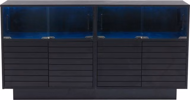 Credenza in stile industrial con illuminazione LED integrata e ante in vetro, Nero, L: 130 cm, P: 35 cm, H: 68 cm