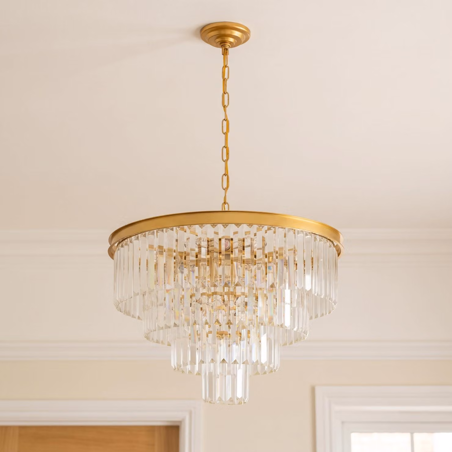 Lampadario in cristallo dorato, a 9 luci, forma circolare, diametro 60 cm, 4 livelli