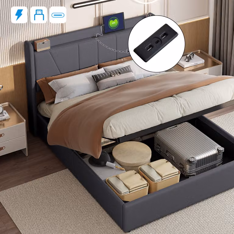 CDGlobal letto imbottito 160x200cm con USB e tipo C, letto contenitore con LED, letto giovanile letto matrimoniale con rete a doghe, letto funzionale, biancheria