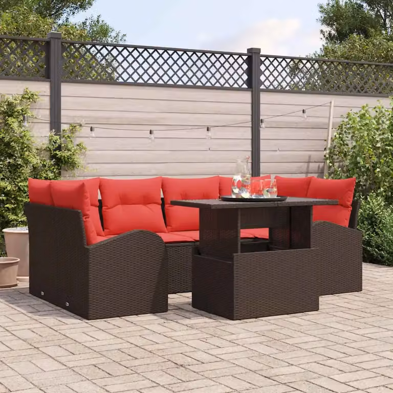 Set Divano da Giardino Moderno vidaXL in Polyrattan Marrone con Tavolo in Vetro 7 Pezzi