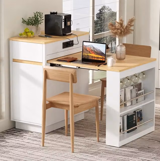 Isola cucina e tavolo da pranzo estensibile con ruote, piano pieghevole, prese USB e ganci, bianco, 58-154x80,5x94 cm