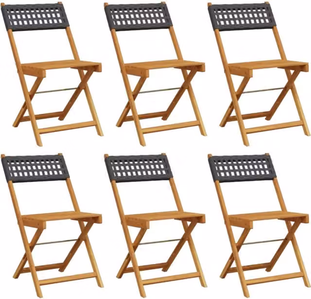 Sedie Giardino Pieghevoli 6 pz | Sedie da Esterno Nere Polyrattan e Legno Massello