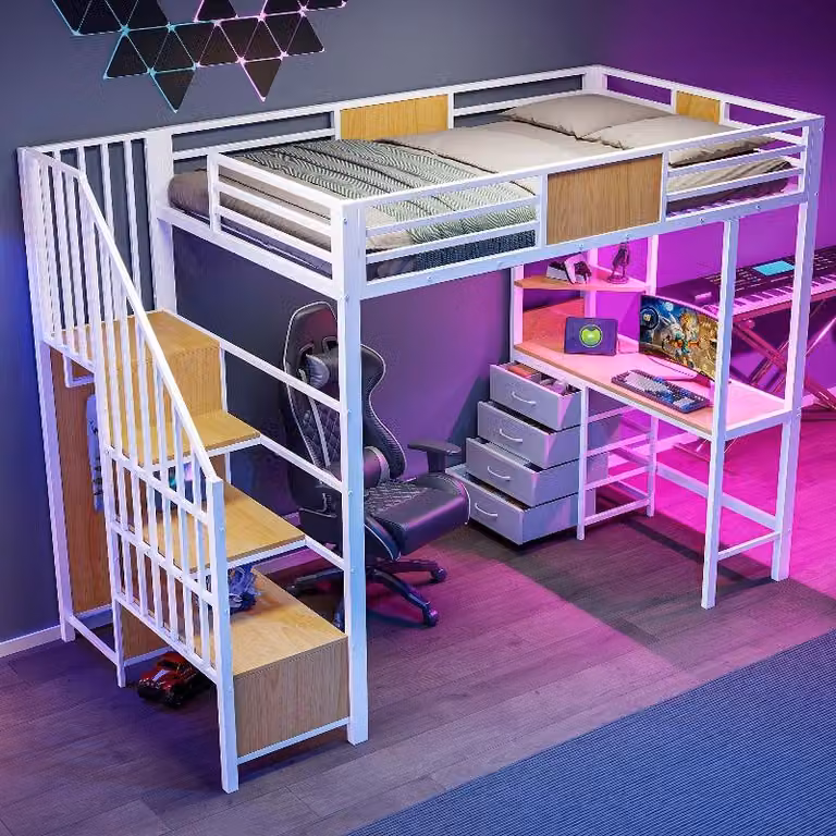 Letto a soppalco in metallo, dimensioni 90x200 cm, con scrivania, ripiani, appendiabiti, illuminazione a LED e presa di corrente, ideale per piccoli ambienti