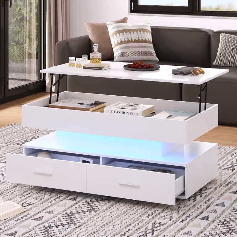Tavolino Merax con LED e cassetti, tavolino con controllo APP, tavolino con piano allungabile, tavolino da salotto 100x50x44cm, bianco