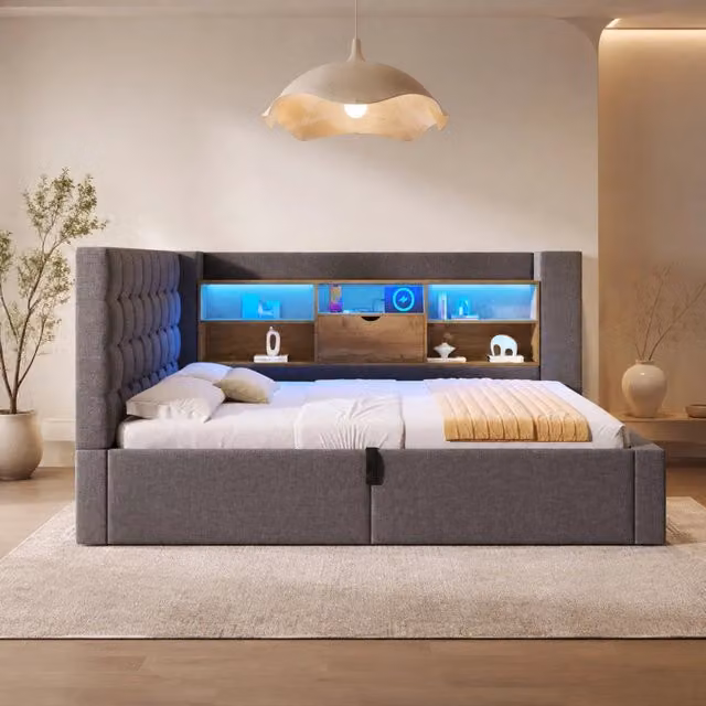 Letto contenitore ULEVR 140x190 cm con testiera a L reversibile, LED, USB e USB-C, lino grigio
