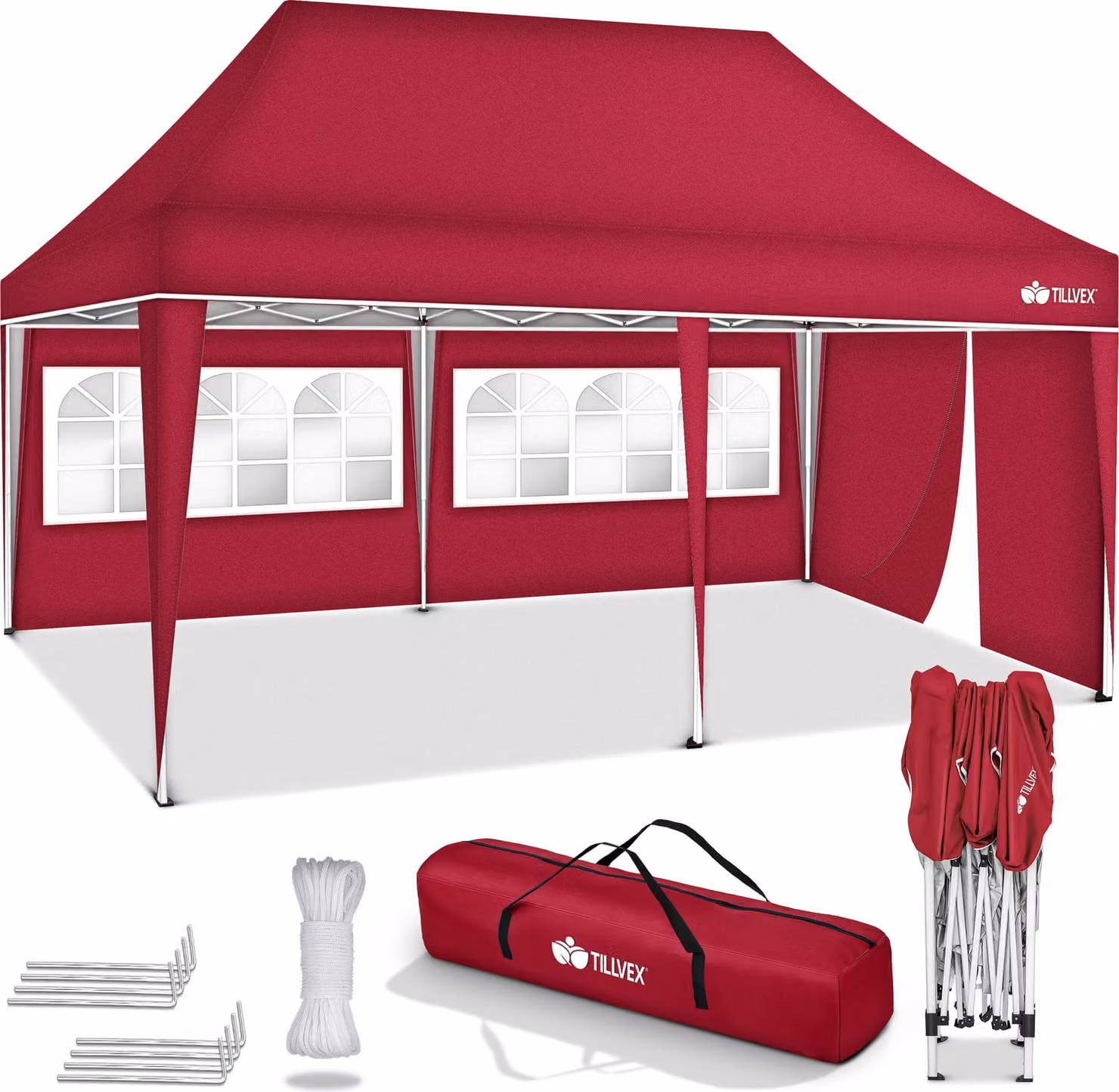 tillvex gazebo 3x6m - con 3 pareti laterali rosso impermeabile | gazebo pieghevole pop-up regolabile in altezza | tenda da giardino protezione UV 50+ | tenda da festa con borsa per giardino