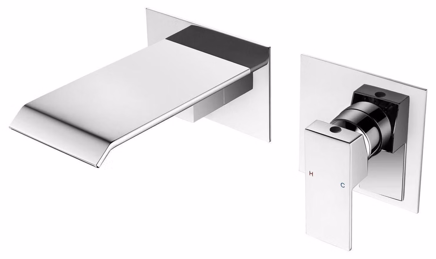 Miscelatore per lavabo da incasso, finitura cromata, modello a cascata, 2 fori, montaggio a parete, monocomando, acciaio inossidabile