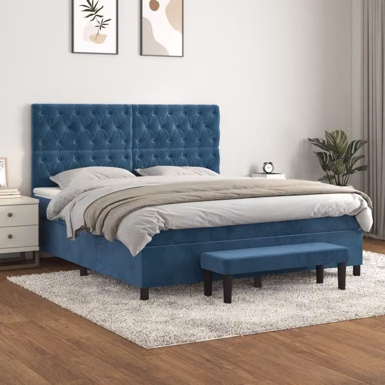 The Living Store Letto a molle con materasso blu scuro 160x200 cm in velluto