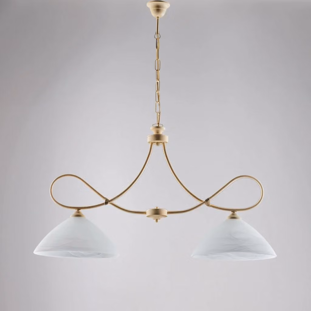 Lampadario a sospensione Dallas BeLight con 2 luci in ferro battuto avorio decapè e vetro bianco – 2