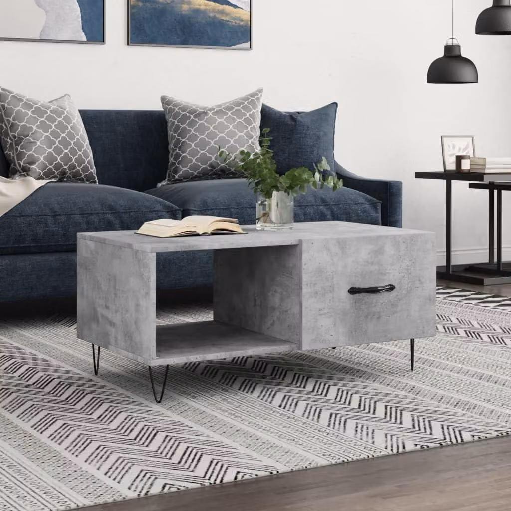 Tavolino da salotto in cemento grigio con struttura in legno lavorato, dimensioni 90x50x40 cm
