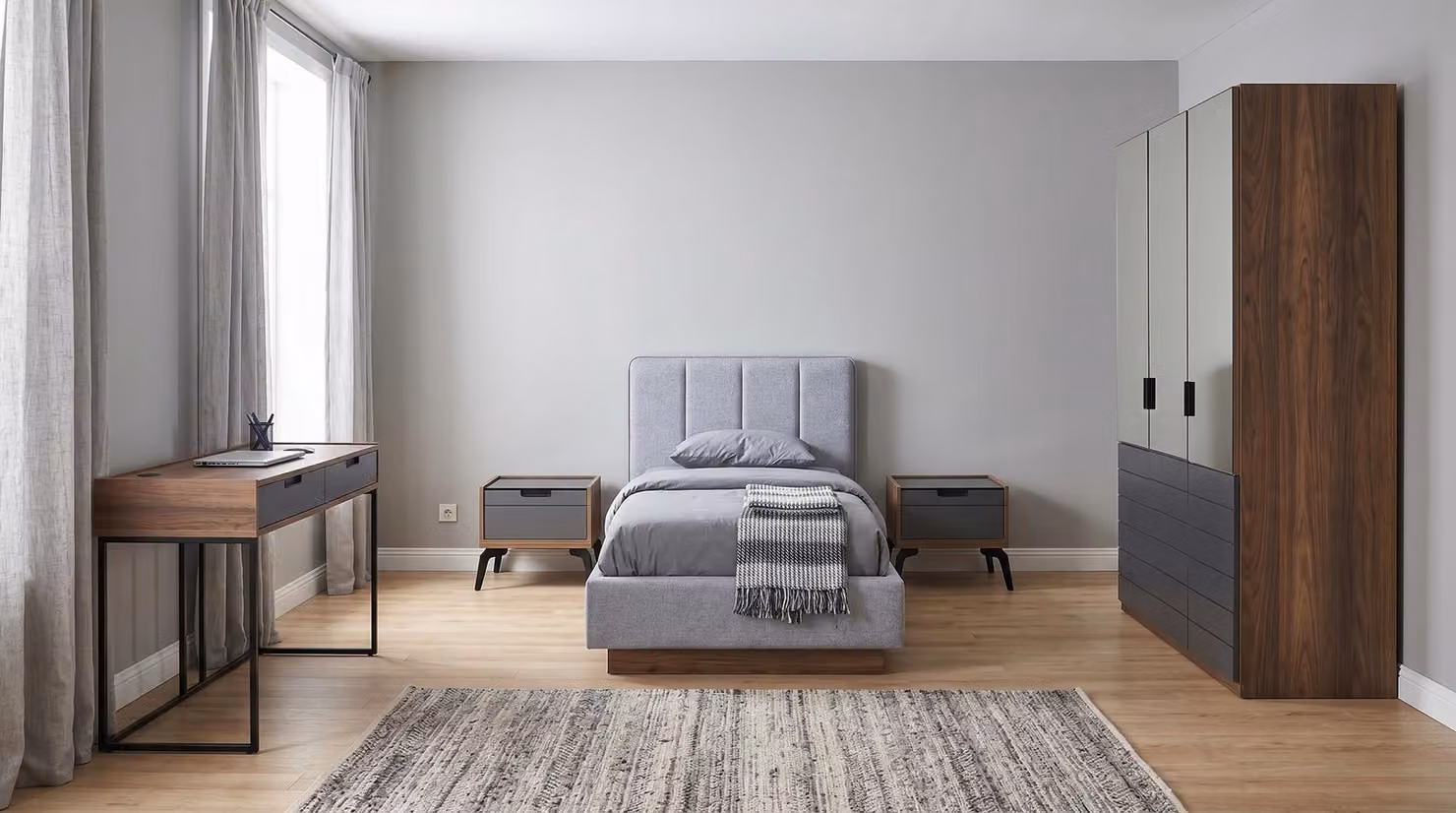Set per camera da letto per giovani, stile moderno: letto, 2 comodini, scrivania, armadio, design ampio