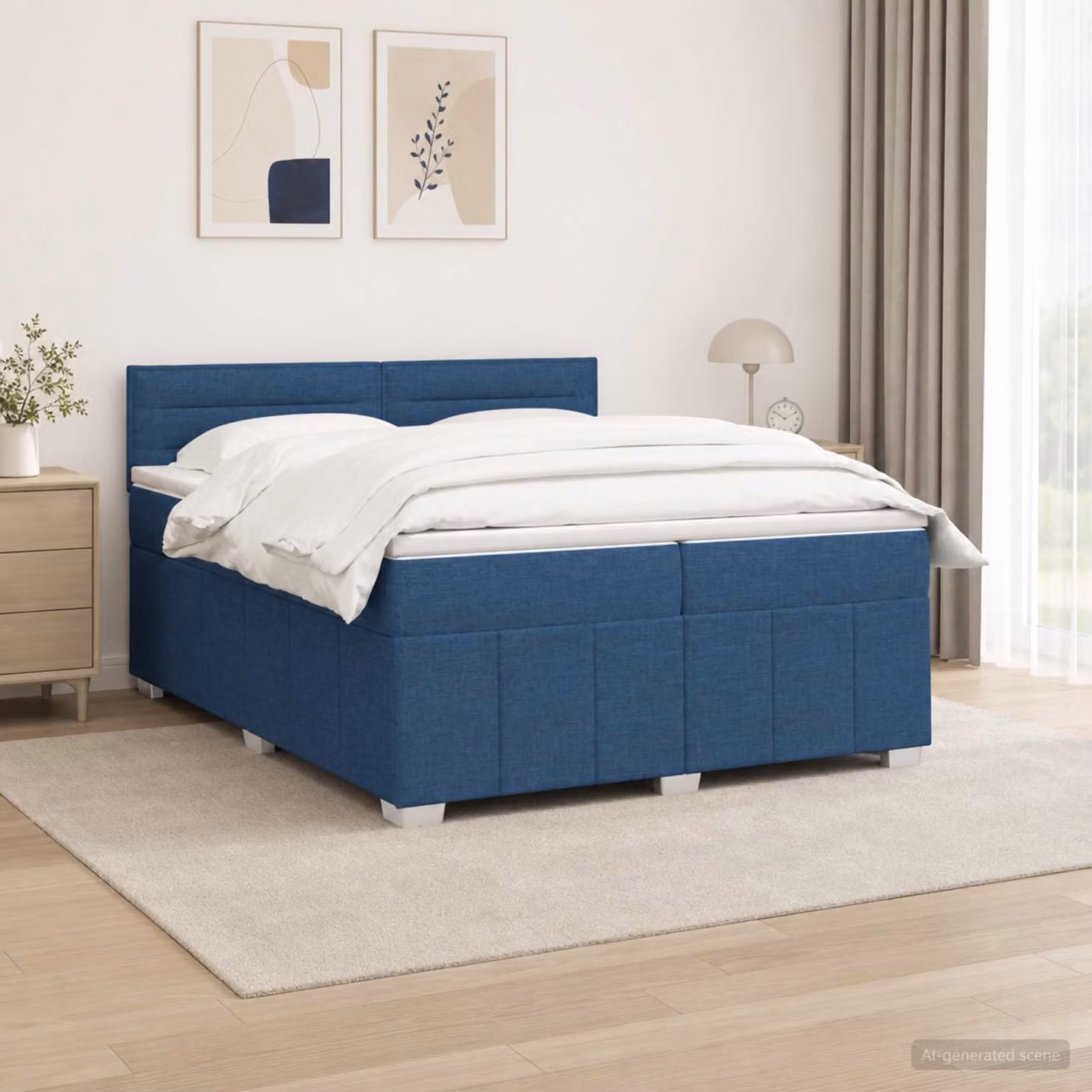 Letto Box Spring vidaXL con Materasso Blu e Bianco, Illuminazione LED Sotto il Letto e Porta USB, Struttura in Tessuto e Legno, L/P: 200 x 200 cm