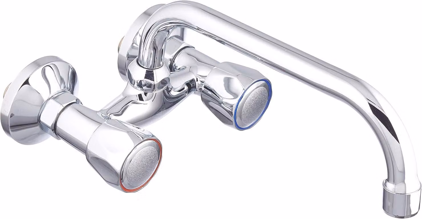 Miscelatore per lavabo da 110 mm, da montare a parete, con due manopole, bocca girevole, cromato, per bagno