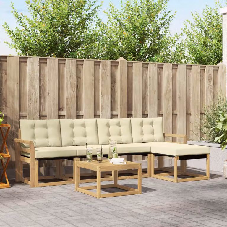 Set di divani da esterno vidaXL 6 pz in legno di acacia con tavolo da caffè e pouf, Bianco, Beige e Marrone