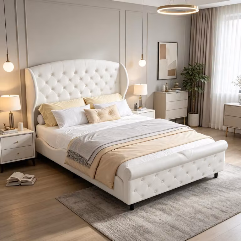Letto imbottito INONEFT, 140 x 200 cm, letto matrimoniale, letto per ragazzi con testiera e rete a doghe, struttura letto per adulti e adolescenti, velluto, color crema