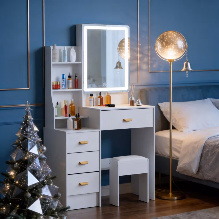Scrivania da trucco con illuminazione LED - Bianca - 90x40x140 cm - MDF e vetro - Specchio per il trucco - Tavolino da trucco moderno