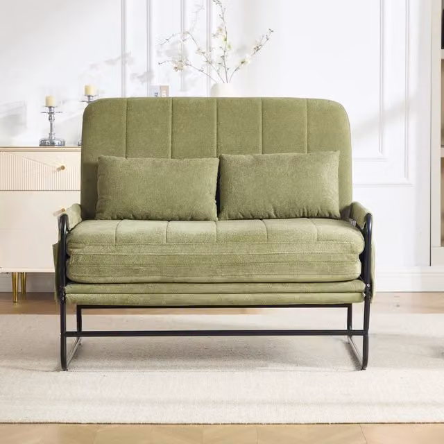 Divano letto due posti 104 cm trasformabile in letto con tasche laterali e struttura in metallo; ciniglia verde oliva