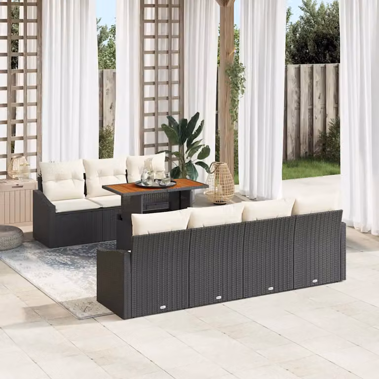Set Divano da Giardino a L vidaXL 8 Pezzi con Tavolino e Contenitore Nero in Rattan e Metallo
