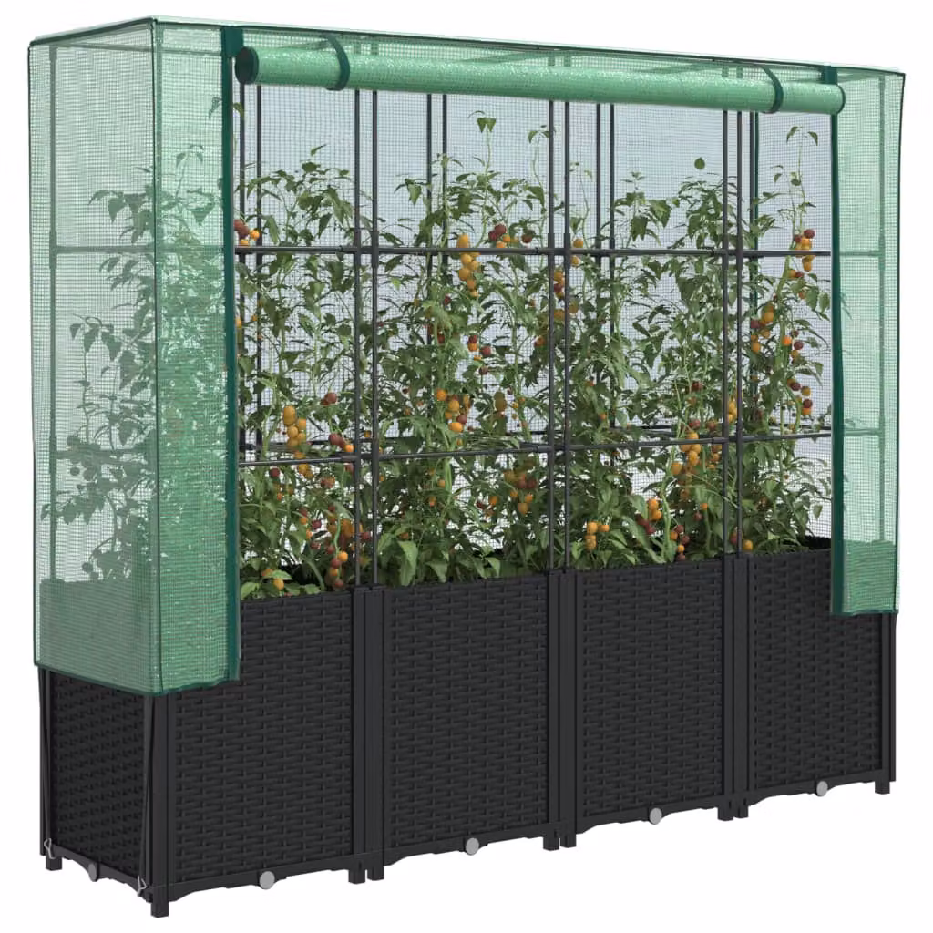 vidaXL Letto rialzato con copertura per serra effetto rattan nero e verde L 160 cm, P 40 cm, H 153 cm
