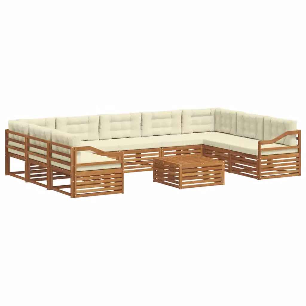 Set di divani da esterno a L con tavolino vidaXL in legno di acacia, colore beige e bianco, composto da 10 pezzi con cuscini inclusi – 2