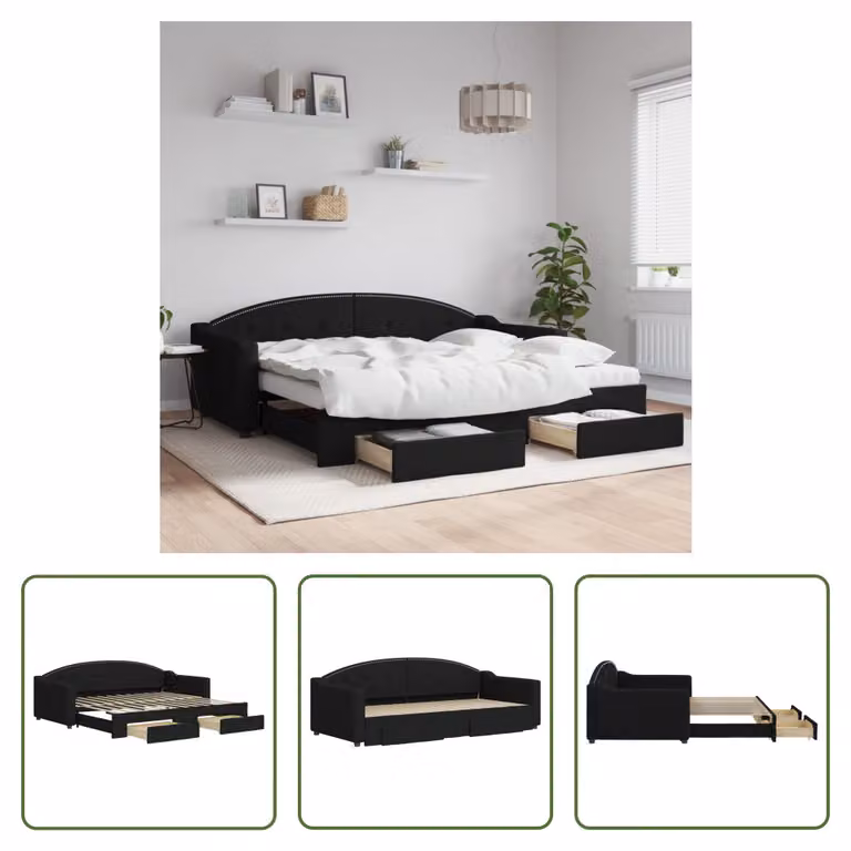 The Living Store Letto allungabile con cassetti nero 90x200 cm tessuto