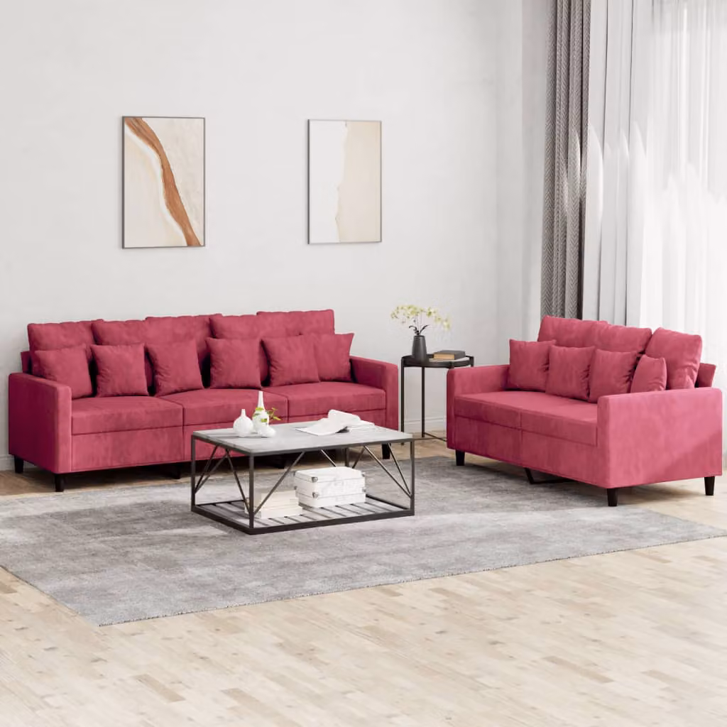 Set di 2 Divani vidaXL in Velluto Rosso con Cuscini per Soggiorno – 1