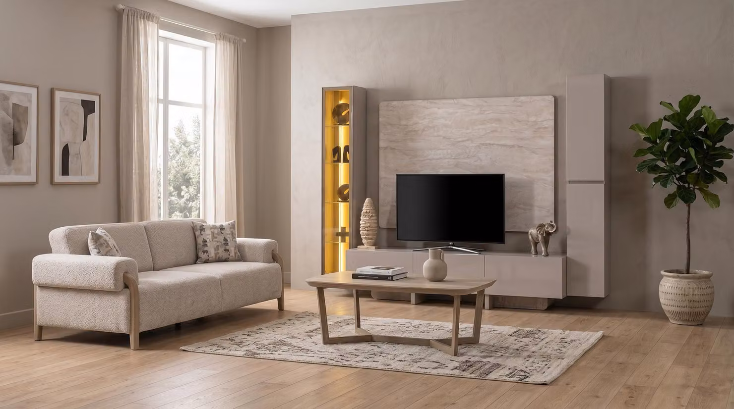Set moderno per soggiorno con parete TV, tavolino e divano beige a tre posti, di alta qualità