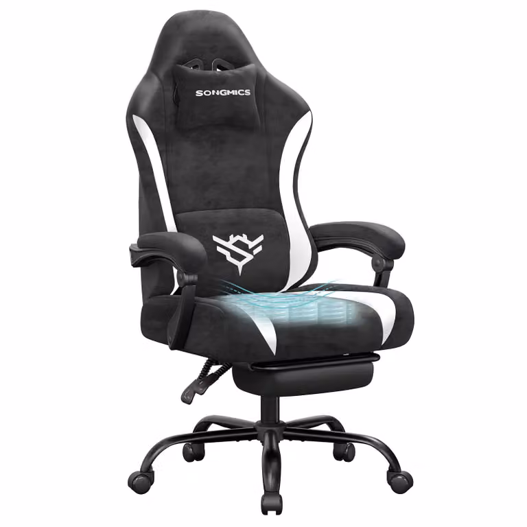 Sedia da gaming SONGMICS, sedia da ufficio ergonomica in poliestere, con poggiapiedi e cuscino lombare, inclinazione di 135°, 70 x 70 x (120-130) cm, nero e bianco