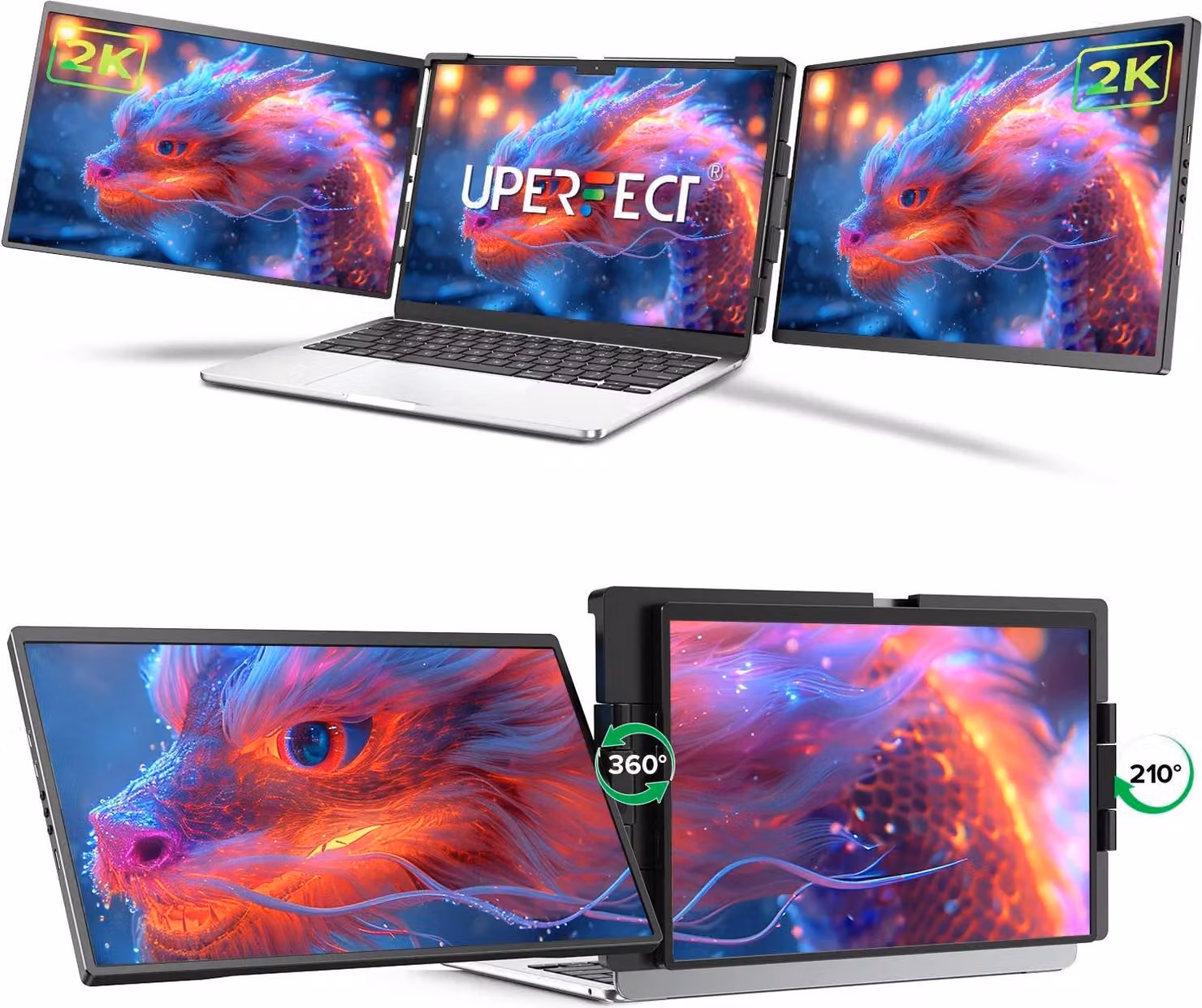 Monitor portatile, risoluzione 2560 x 1440, rotazione versatile, schermo triplo 2K, spina UE