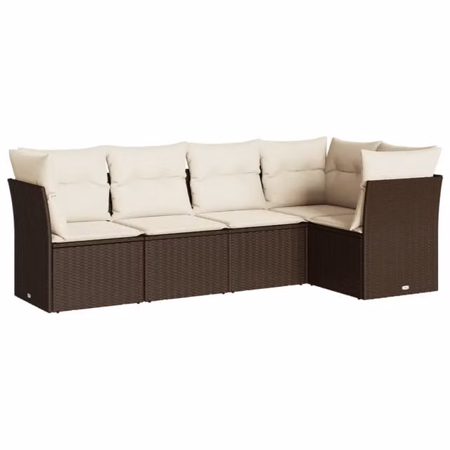Set Divano da Giardino 5 pz | Set Salotto da Giardino con Cuscini Marrone in Polyrattan