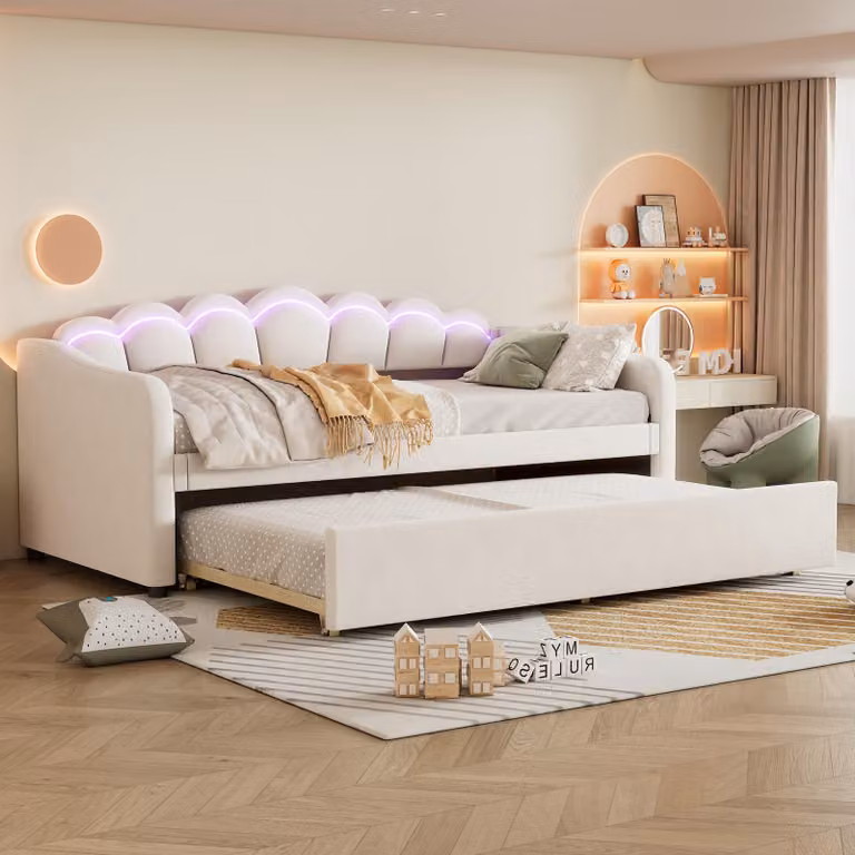 Flieks divano letto divano letto 90x200cm con LED, letto imbottito letto per ragazzi letto singolo con letto estraibile 90x190cm, letto da giorno letto per ospiti letto funzionale, velluto beige