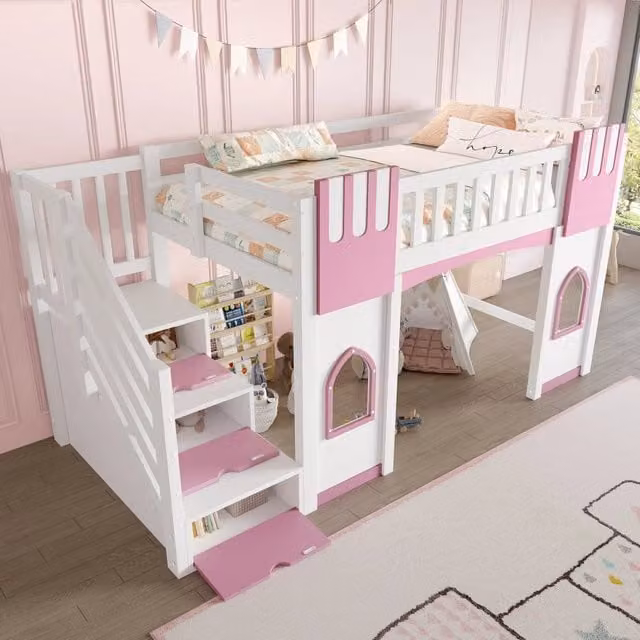 Letto a soppalco per bambini 90 × 200 cm con scala contenitore e finestre, senza materasso, bianco e rosa