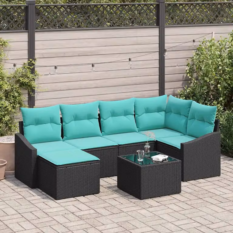 Set di divani da giardino vidaXL a forma di L composto da 7 pezzi con tavolino e cuscini, colore nero e turchese in rattan e metallo