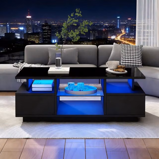 Tavolino da Salotto Nero 100x50x36 cm con 2 Cassetti, LED Alta Lucidità, Vano Aperto e Divisorio in Vetro