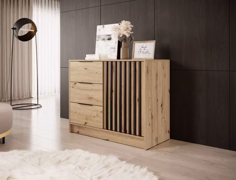 Cassettiera stretta combinata MARFA - rovere artigianale / nero