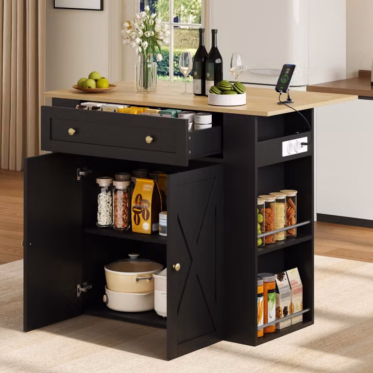 Isola da cucina MODFU con piano di lavoro pieghevole, pensile da cucina con presa di corrente e porta USB, bancone/tavolo da cucina 120 x 47–75 x 97 cm, nero