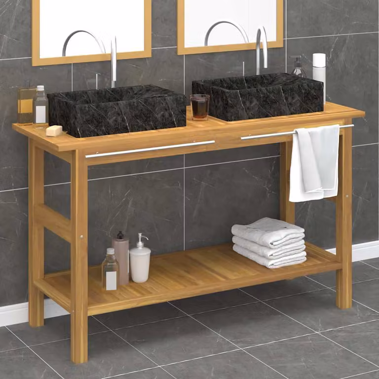 Mobile Vanità da Bagno vidaXL in Legno di Teak e Marmo Nero con Lavandino Moderno