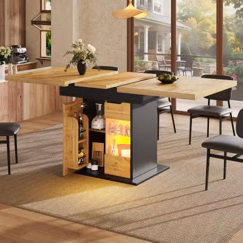 Tavolo da pranzo Flieks telescopico con illuminazione a LED, ripiano porta snack, ante a battente, tavolo da cucina pieghevole per 4-6 persone, tavolo da pranzo 110-140 x 80 x 76 cm, nero