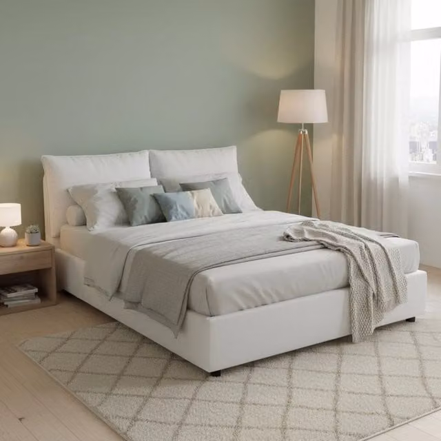 Letto matrimoniale contenitore Askari Talamo Italia con rivestimento in tessuto bianco, adatto per materasso 140x190 cm