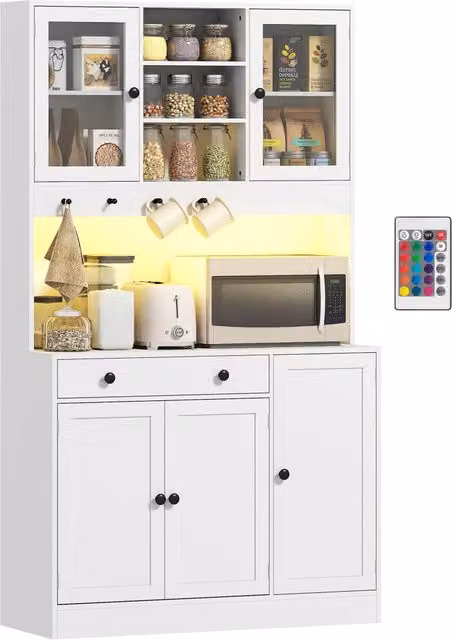 Mobile da Cucina con LED RGBW 16 Colori e Telecomando, Credenza con Ante in Vetro e Cassetto, Bianco