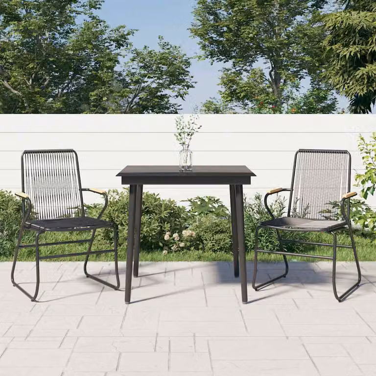 Set da pranzo da giardino vidaXL in 3 pezzi in rattan nero con piano in vetro e struttura in metallo