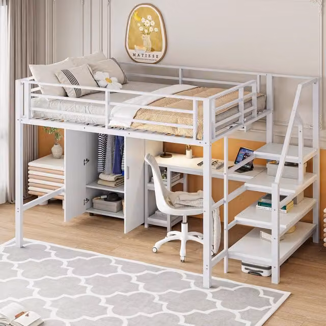 Letto a soppalco 140 × 200 cm con armadio, ripiani e scrivania, senza materasso, metallo e MDF, bianco