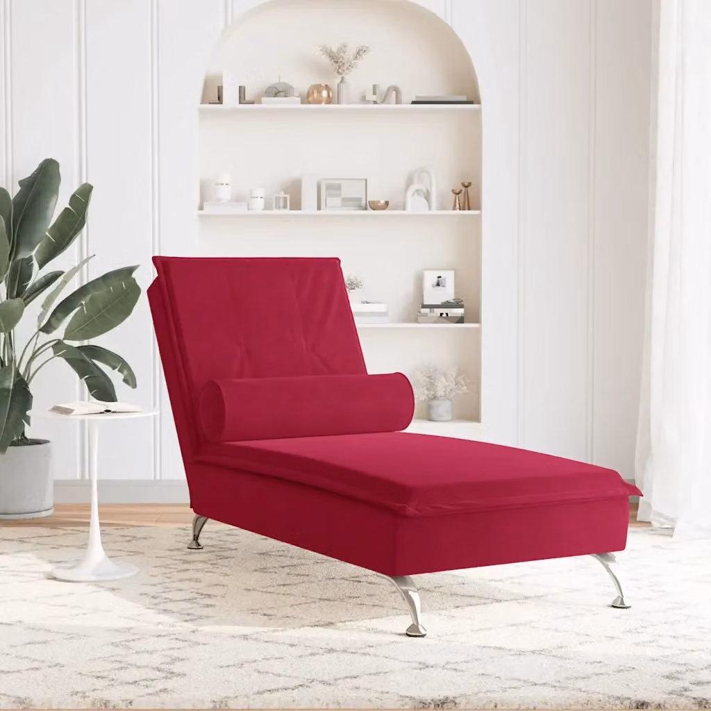 Chaise Longue con Cuscino a Rullo Rosso Vino in Velluto e Imbottitura in Schiuma CFW7915513 L: 136.5 cm, P: 56.0 cm, H: 75.0 cm – 2
