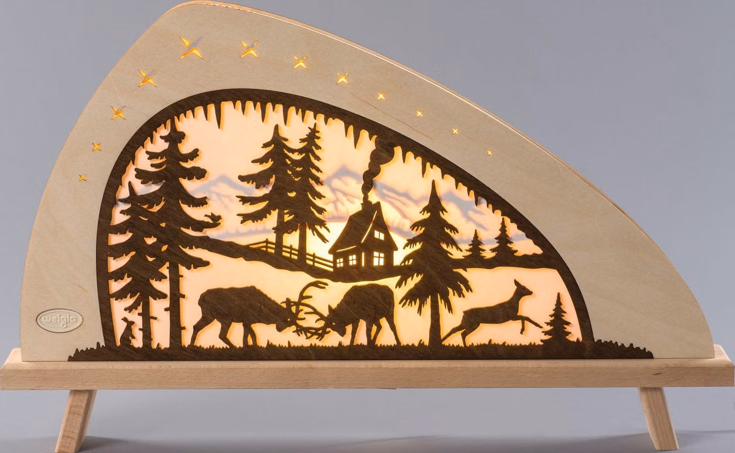 Lampada da terra a forma di arco decorativo con scena di cervi nella foresta, illuminazione a LED. Dimensioni: 30x32x6 cm. Nuova