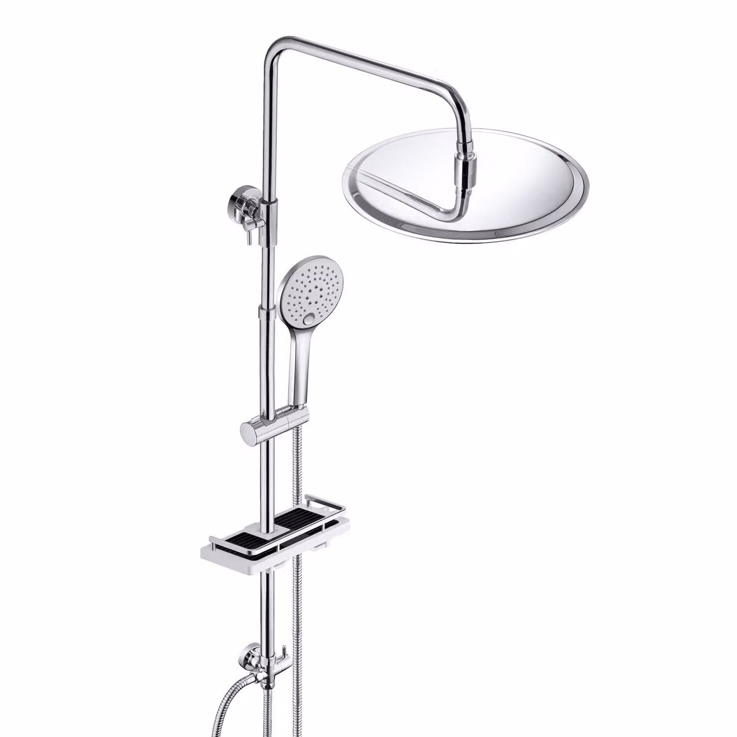Set doccia a pioggia JOHO in acciaio inox senza rubinetto, asta doccia con mensola cromata (soffione D25cm)