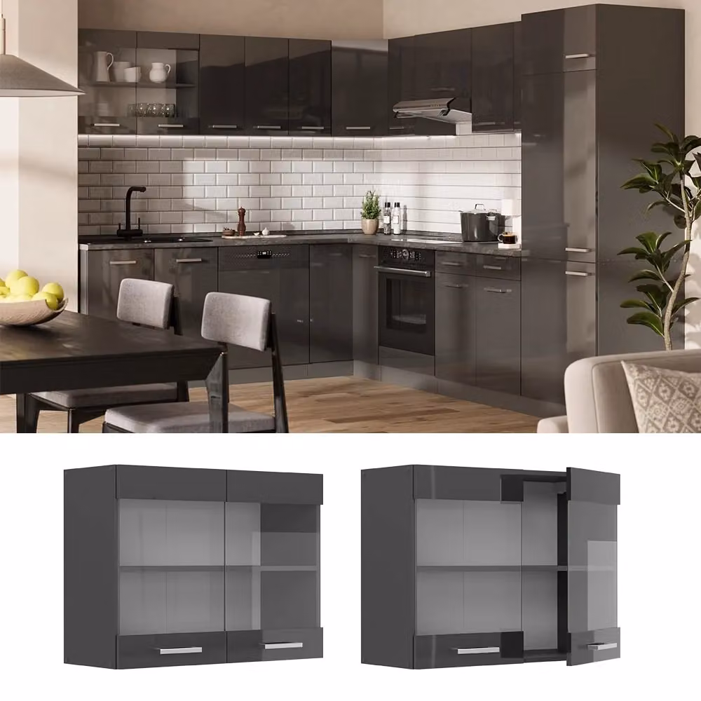 Pensile da cucina Vicco R-Line Antracite lucido con ante in vetro L: 80 cm, H: 60 cm, P: 31 cm – 2