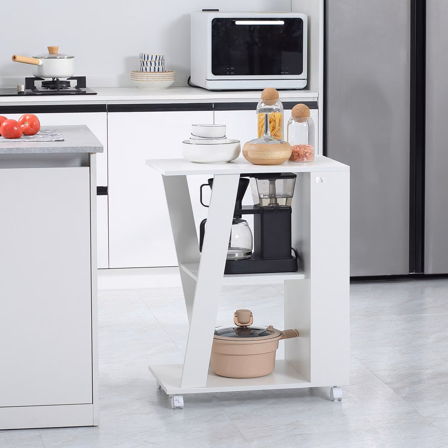Carrello da cucina portavivande HOMCOM in legno bianco con 2 ripiani e ruote, L 60 cm x P 38 cm x H 77 cm – 2